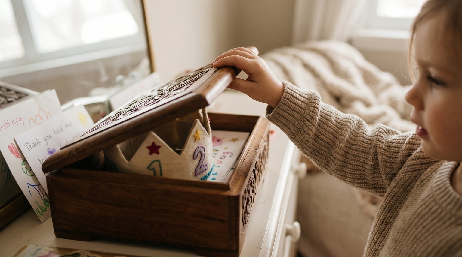 Child's hands opening wooden keepsake box revealing treasured birthday crown and cards