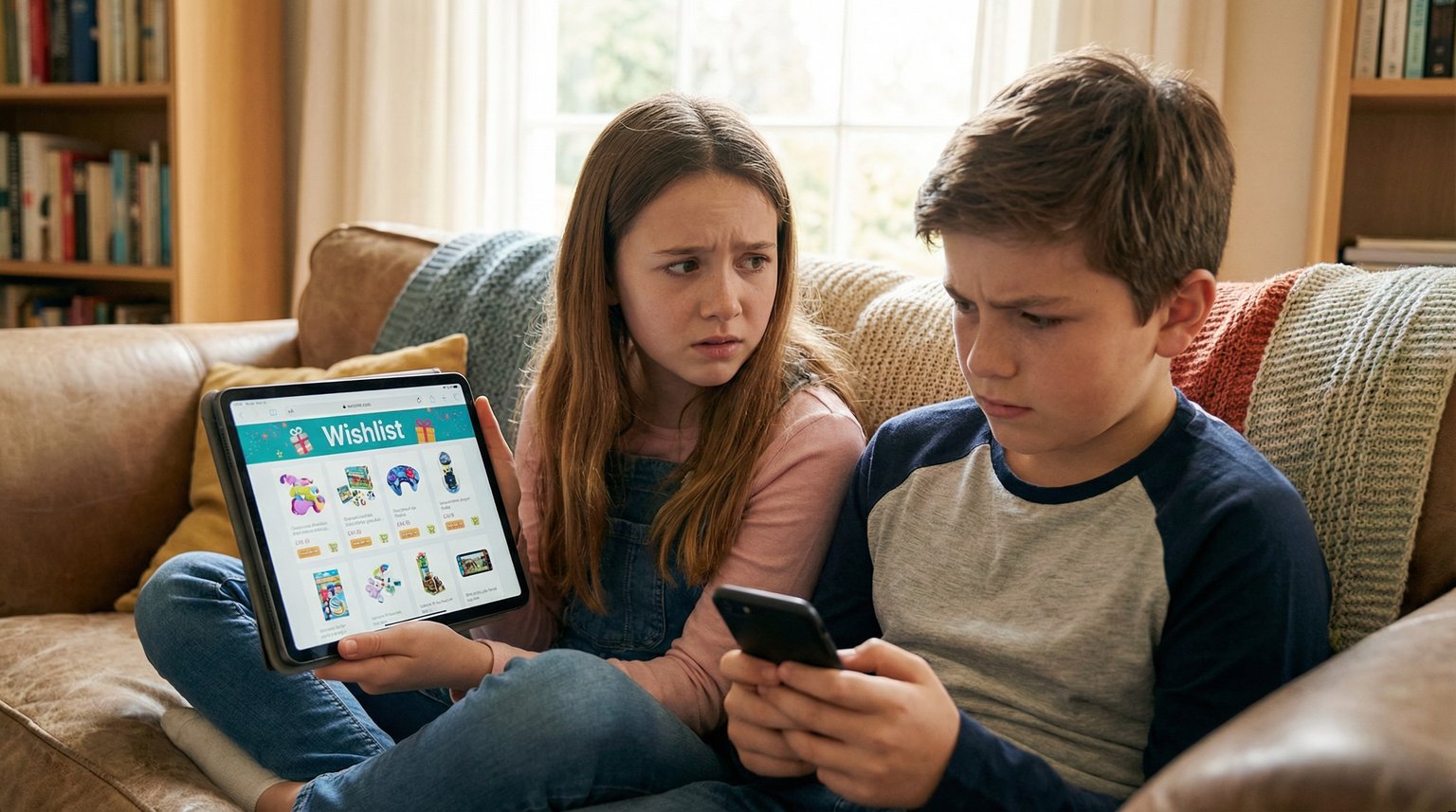 Two children around age 10-12 comparing tablet screens with expressions of comparison and slight anxiety