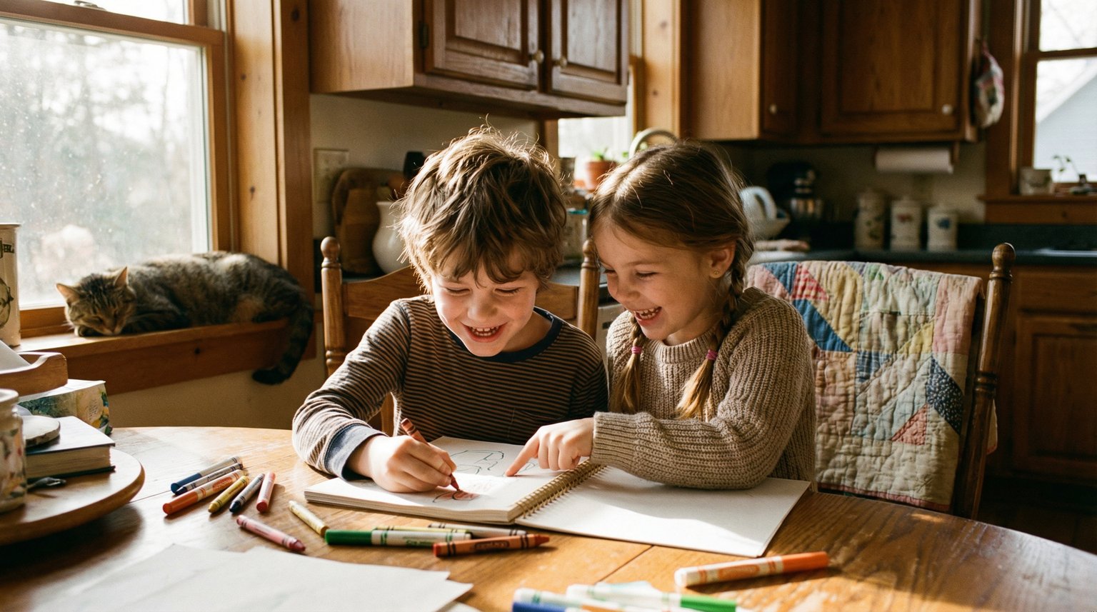 Two children at kitchen table drawing in journal together after an experience, laughing and pointing