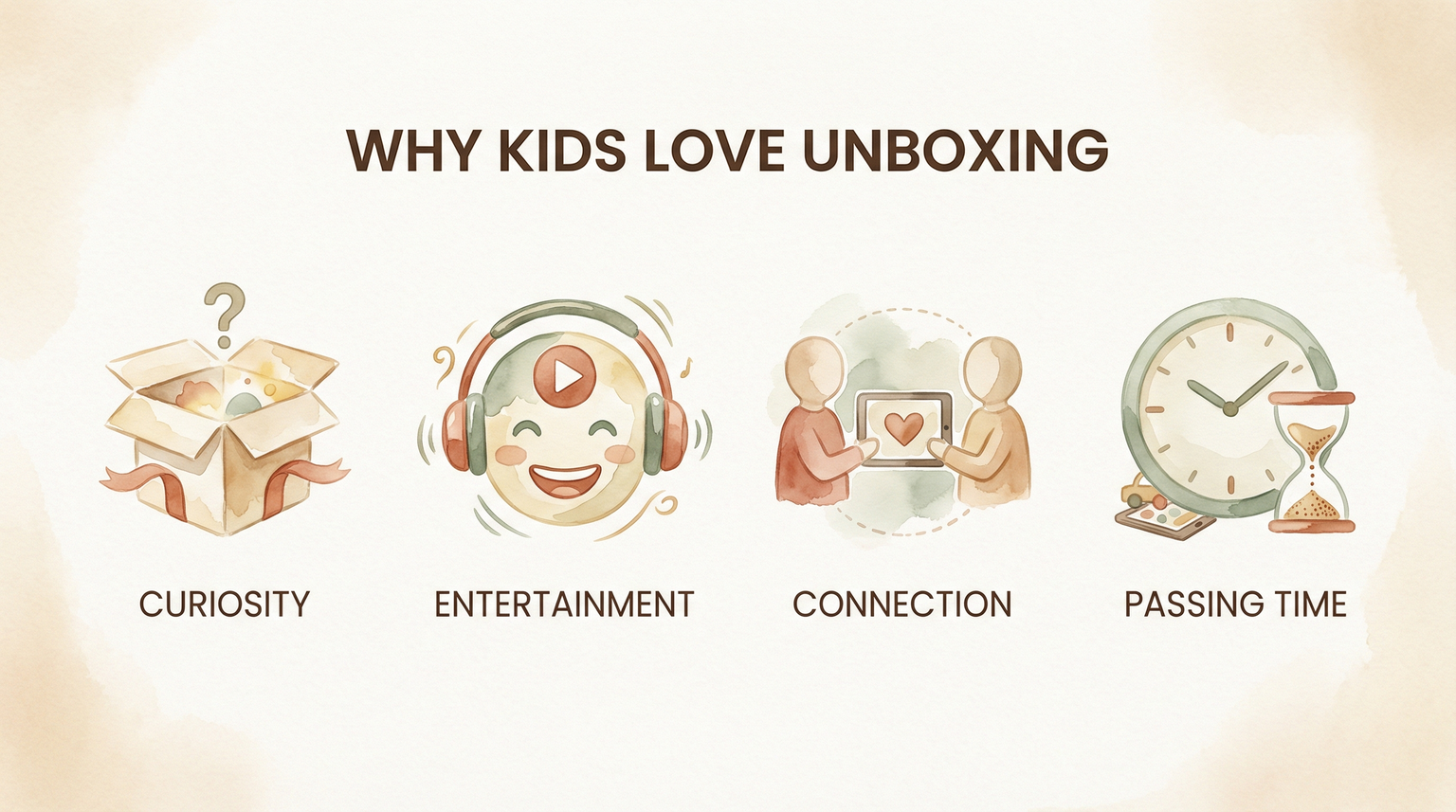 Infographic showing four reasons kids love unboxing videos: curiosity, entertainment, connection, passing time
