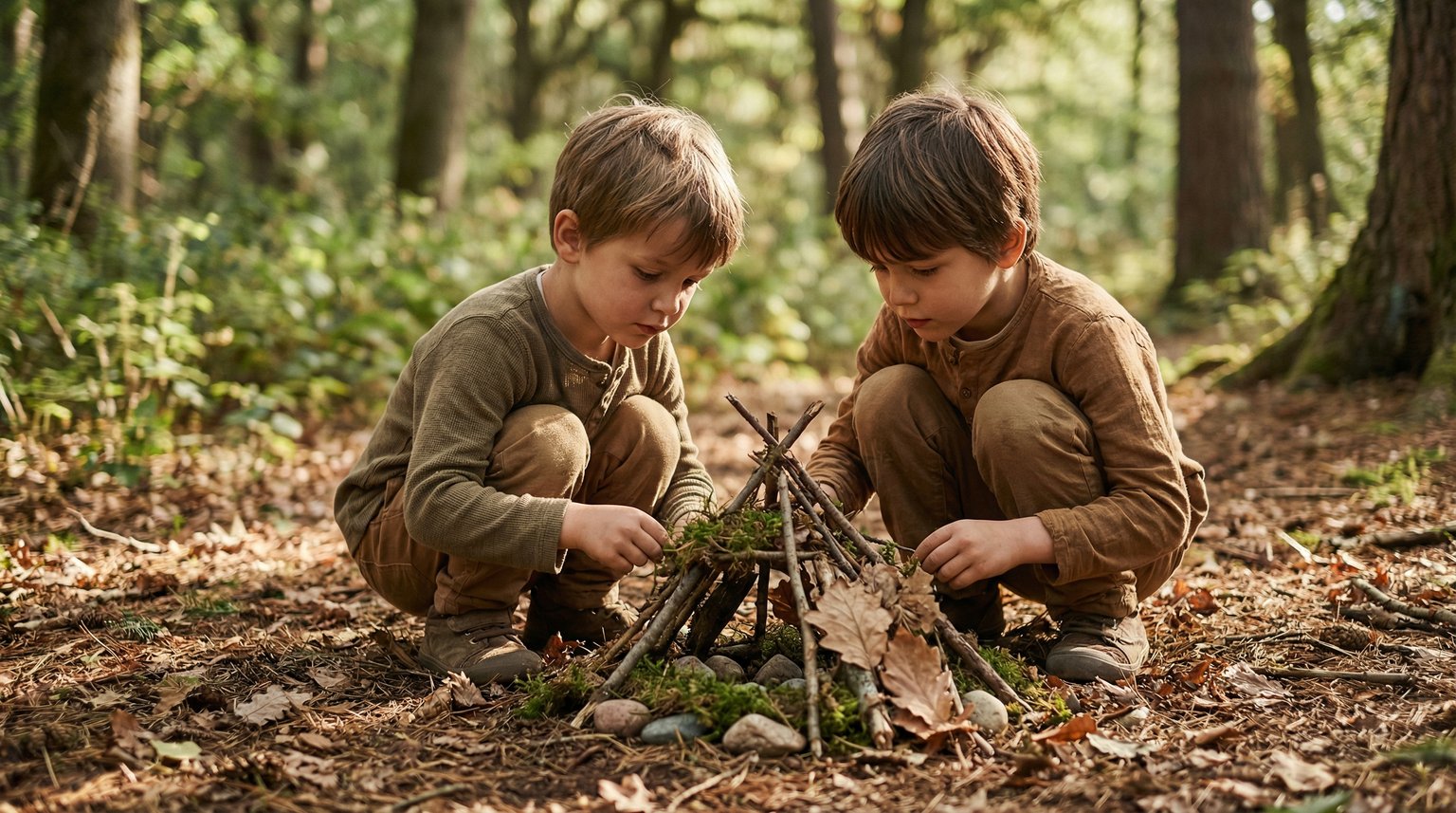 Two children building together outdoors using sticks leaves and natural materials