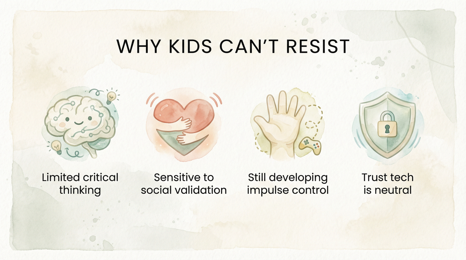 Infographic showing four reasons children cannot resist algorithms including limited critical thinking and trust in tech