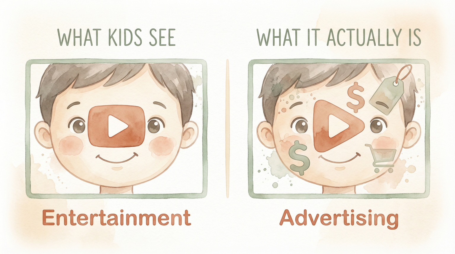 Infographic comparing what kids see as entertainment versus what unboxing videos actually are as advertising