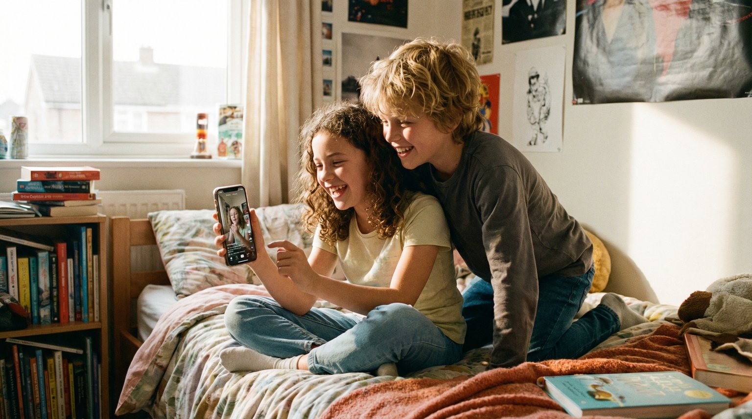 Two school-age children sitting together watching short-form video content on phone