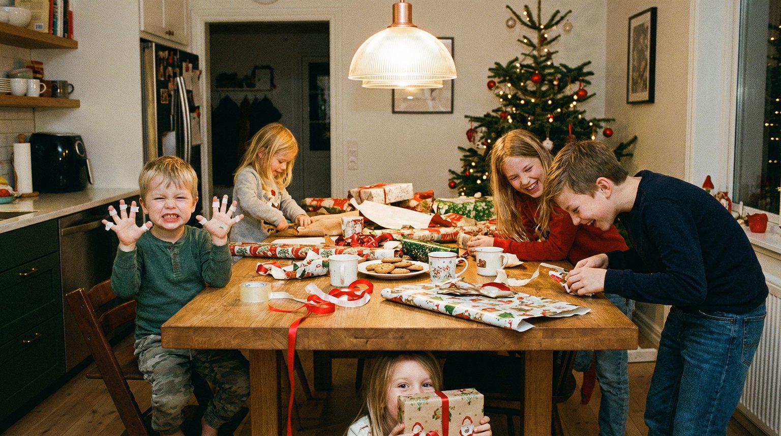 Multiple children of varying ages gathered around kitchen table with wrapping paper tape and ribbons in joyful chaos
