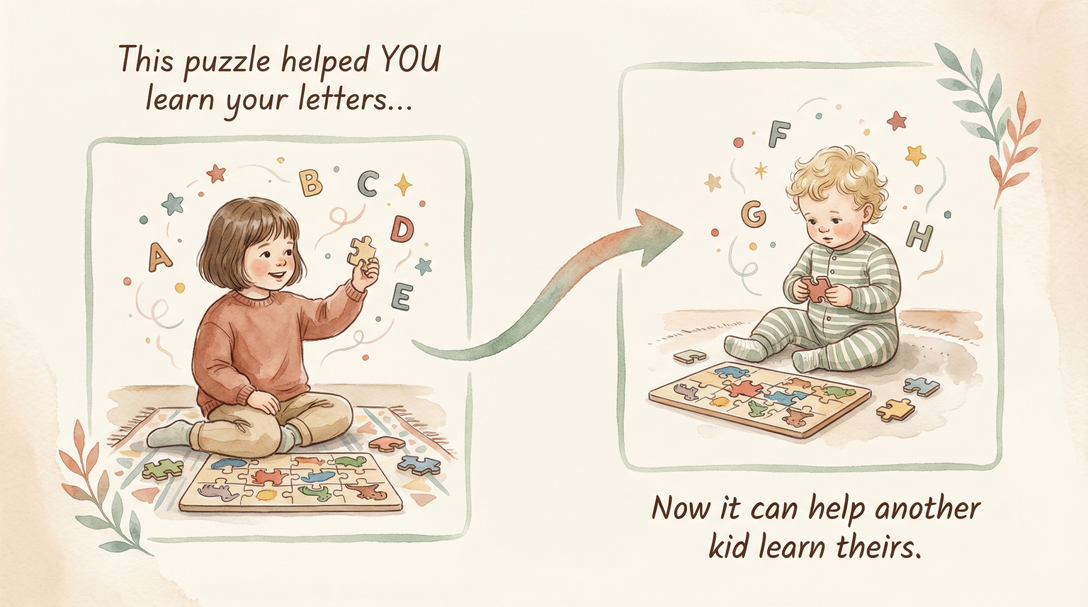 Illustration showing toy helping one child learn then being passed to help another child