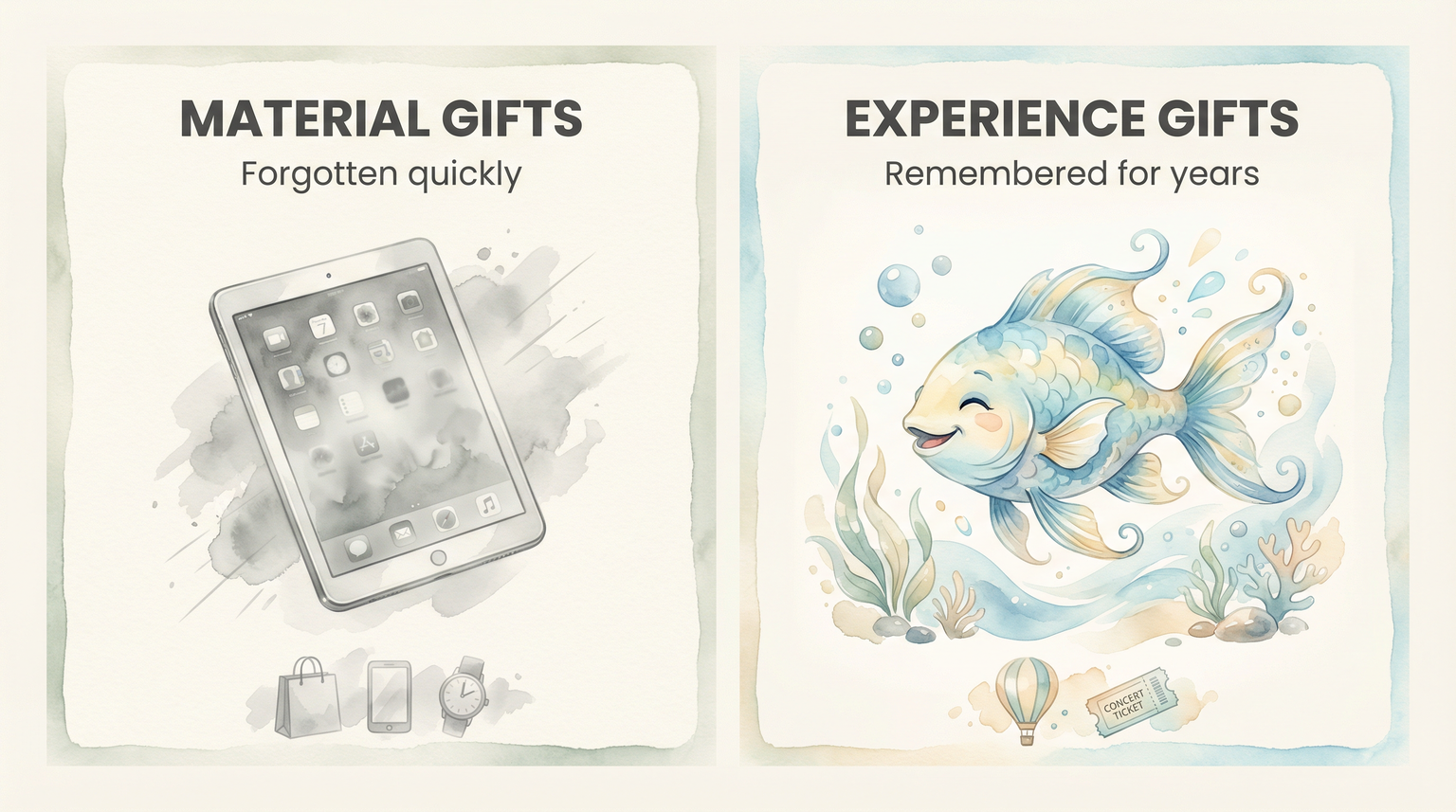 Comparison showing material gifts forgotten quickly versus experience gifts remembered for years