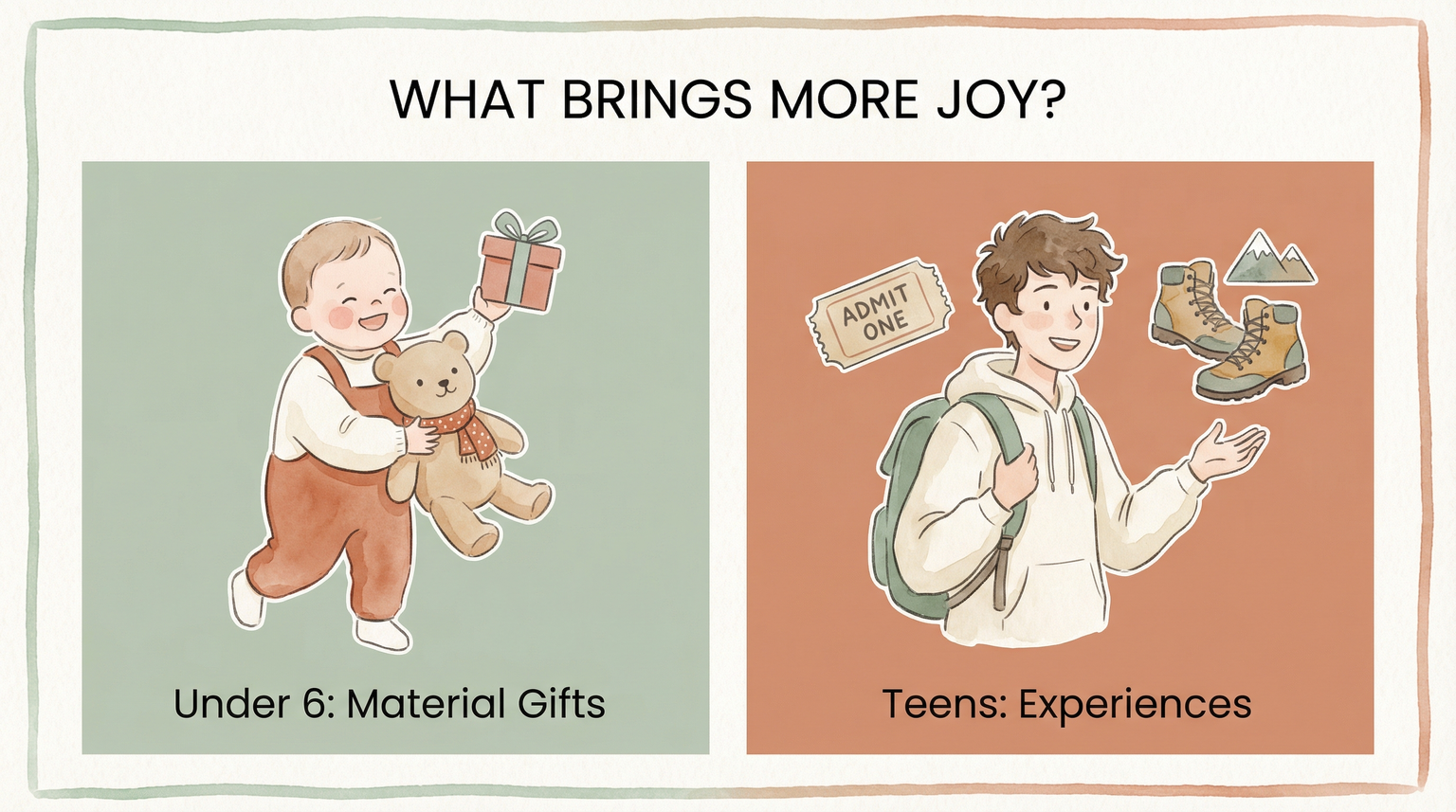 Comparison chart showing toddlers prefer material gifts while teens prefer experiences