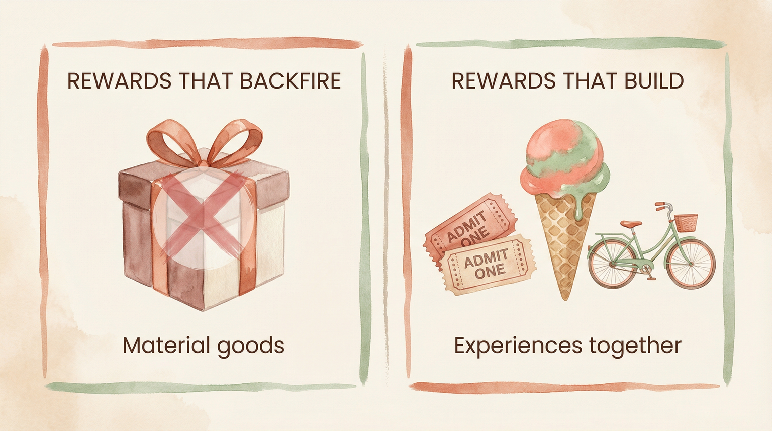 Comparison showing material goods with X mark versus experience icons like movie tickets and ice cream as better rewards