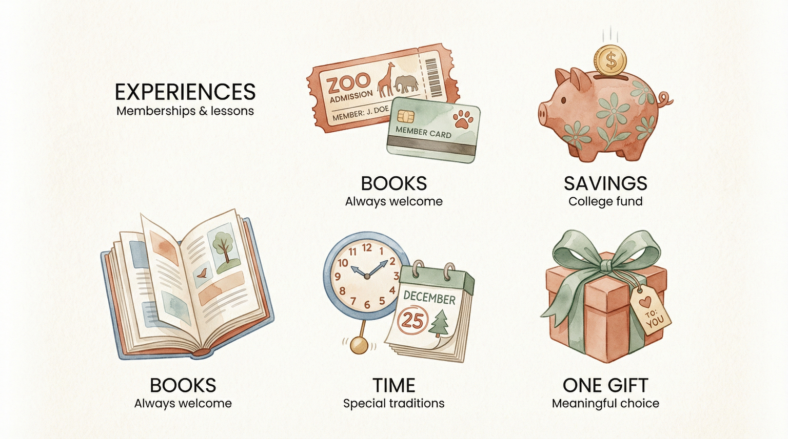 Five meaningful gift alternatives showing experiences books savings time together and one special gift