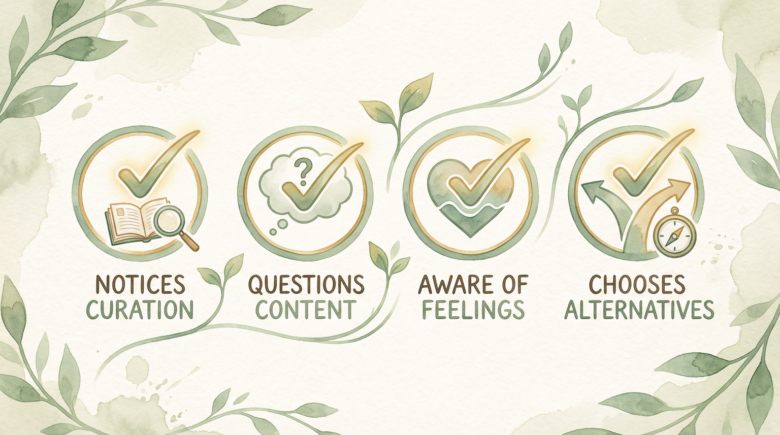 Four media literacy success indicators showing notices curation questions content aware of feelings and chooses alternatives