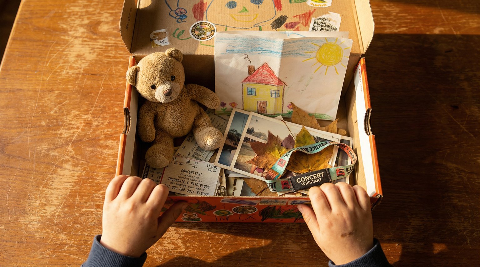 Overhead view of open memory box containing stuffed animal, ticket stubs, photos, pressed leaves, and child's drawing
