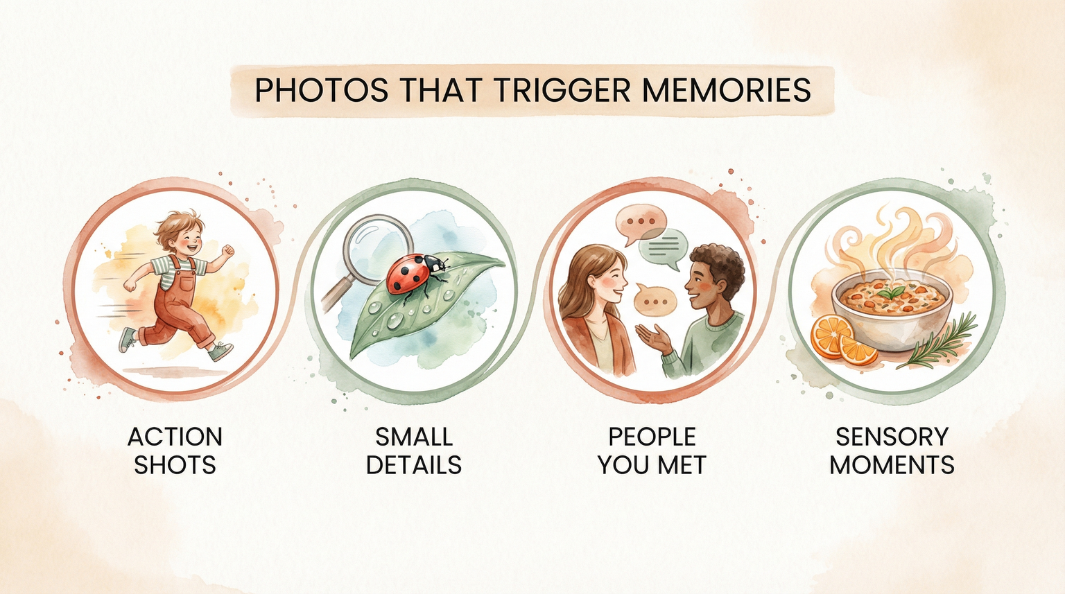 Four types of photos that trigger memories in children including action shots small details people and sensory moments