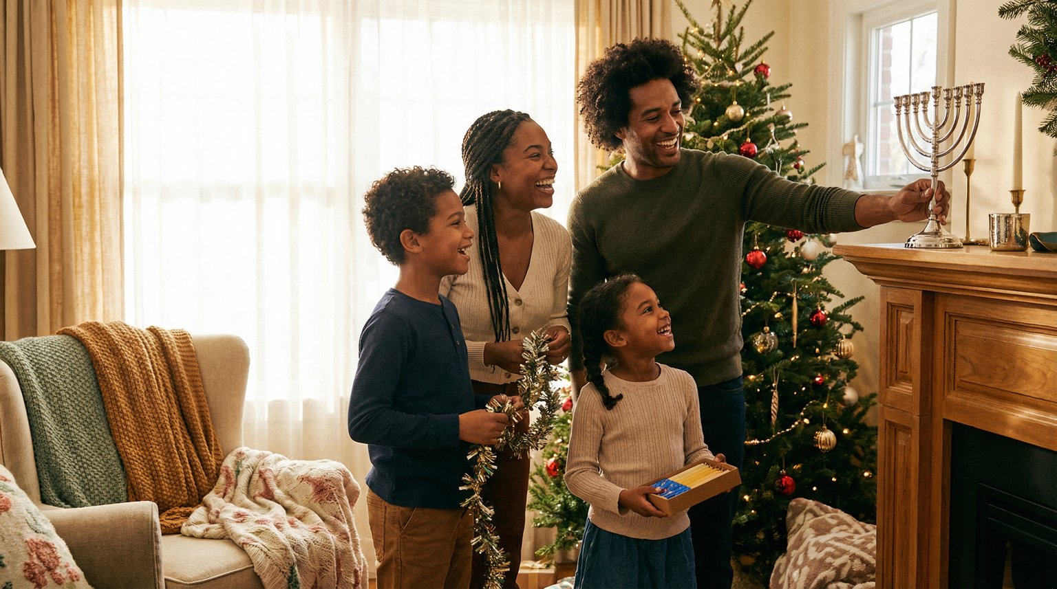 Diverse family setting up both menorah and Christmas decorations together in their home