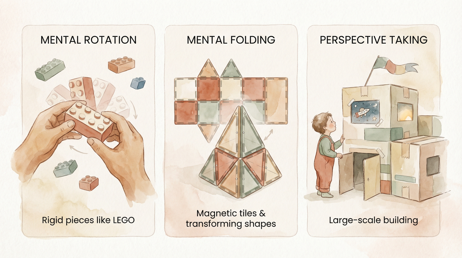 Infographic showing three spatial skills developed by construction toys: mental rotation, mental folding, and perspective taking