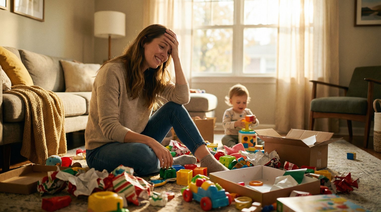 Young mom sitting on living room floor surrounded by overwhelming pile of birthday toys and gift wrap with toddler playing happily in background
