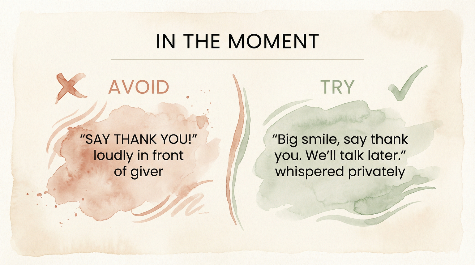Comparison chart showing what to avoid versus what to try when prompting gratitude in front of gift givers