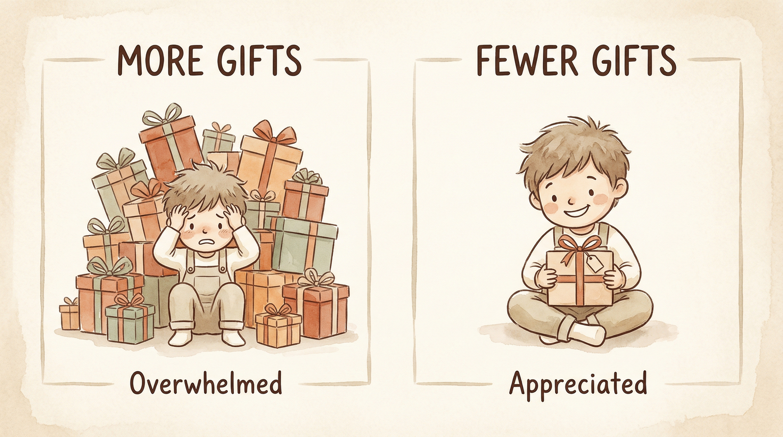 Comparison illustration showing overwhelmed child with many gifts versus happy child with fewer gifts