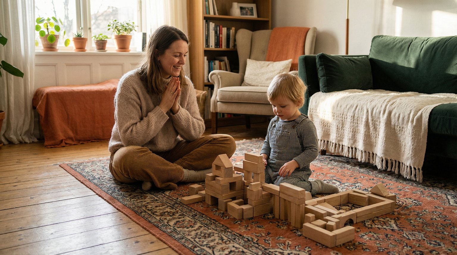 Mother sitting beside child building with blocks, engaged but not interfering in cozy living room
