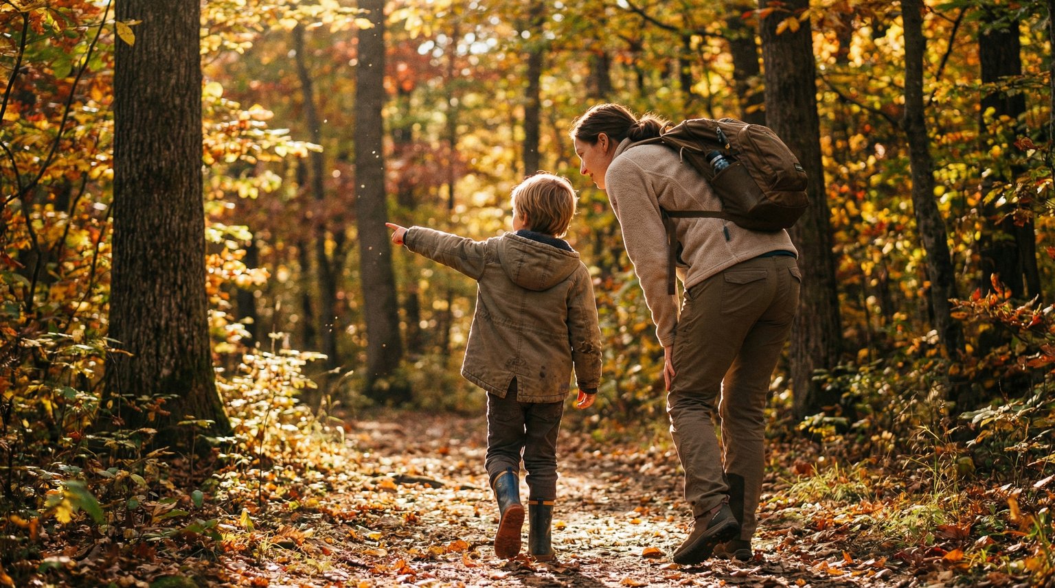 Mother and young child walking on forest trail, child pointing excitedly at something off-path