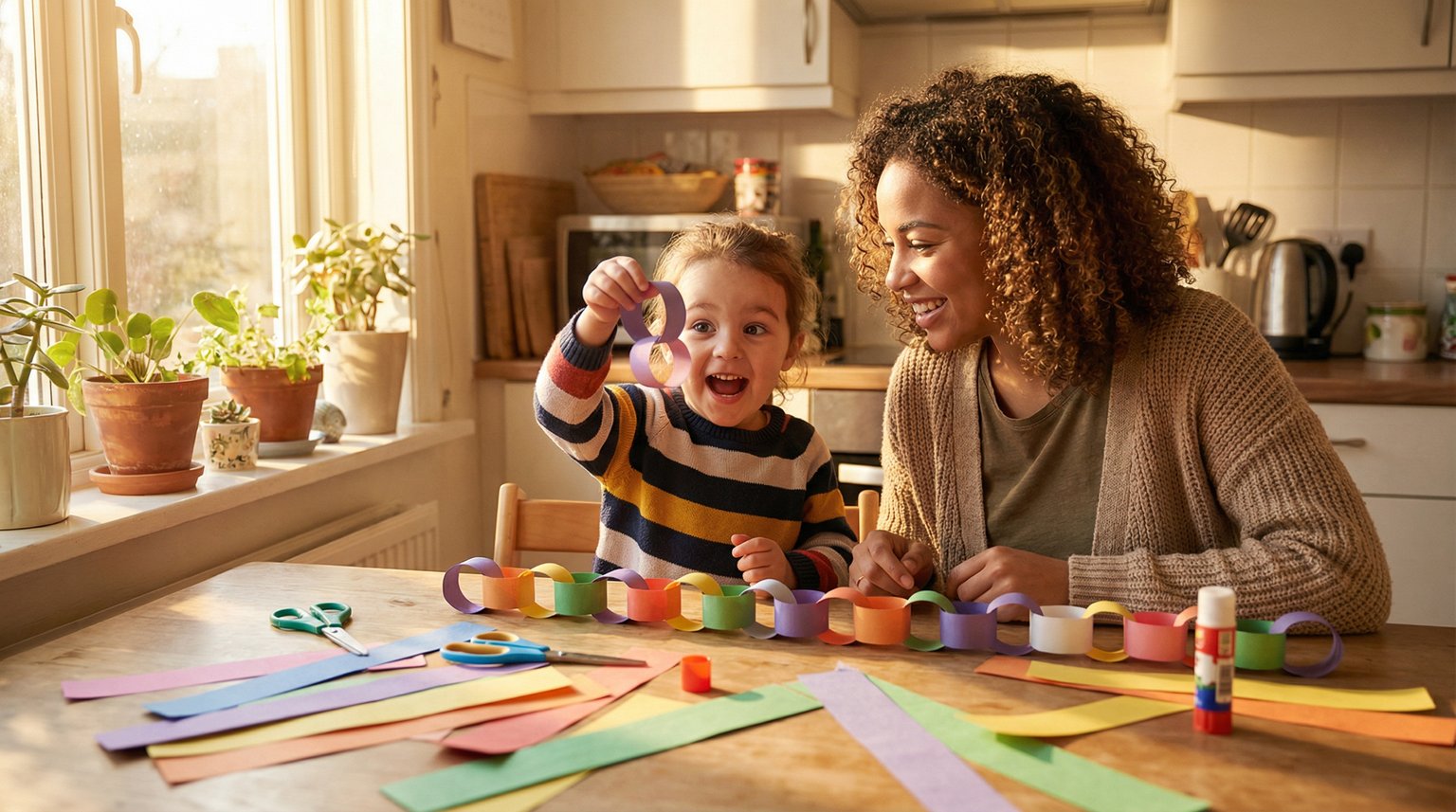 Mother and preschooler working together on colorful paper chain countdown at kitchen table