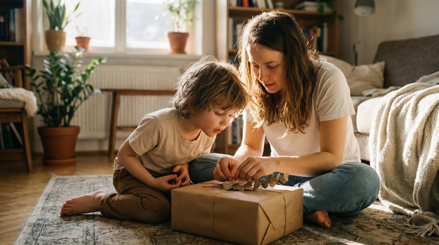 Mother and young child sitting on living room floor unwrapping kraft paper gift together in warm morning light