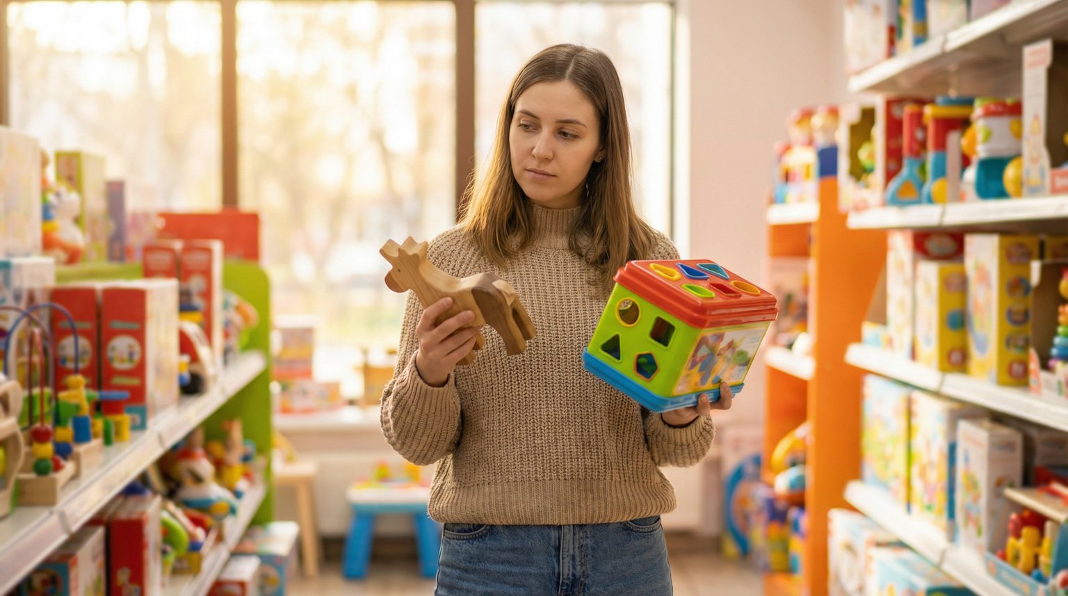 Mother thoughtfully comparing wooden and plastic toys in bright toy store aisle