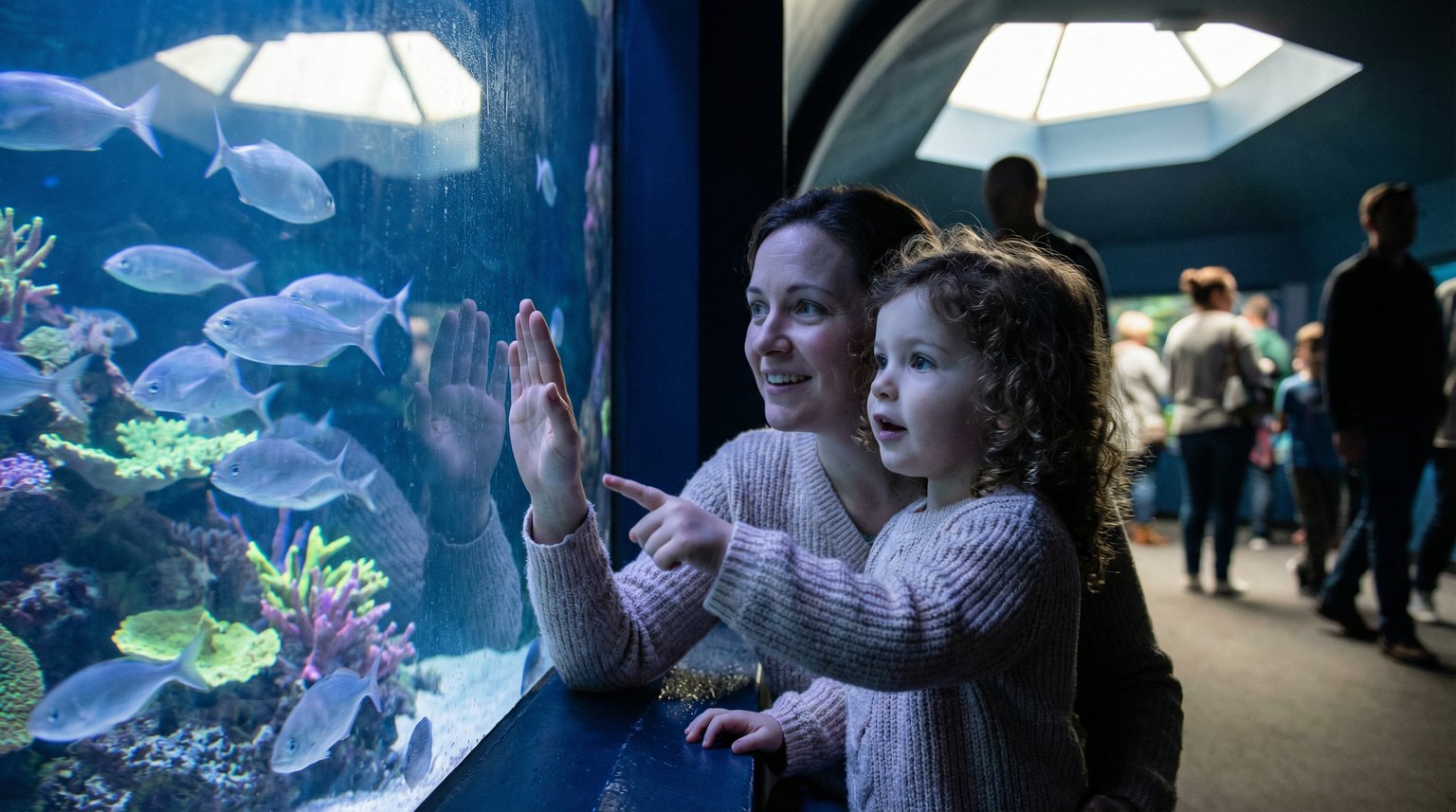 Mother and young daughter pressing hands against aquarium glass watching colorful fish in blue light