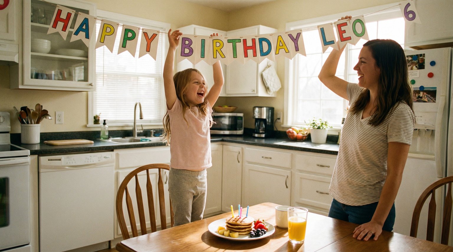 Mother and daughter hanging homemade birthday banners in morning kitchen light