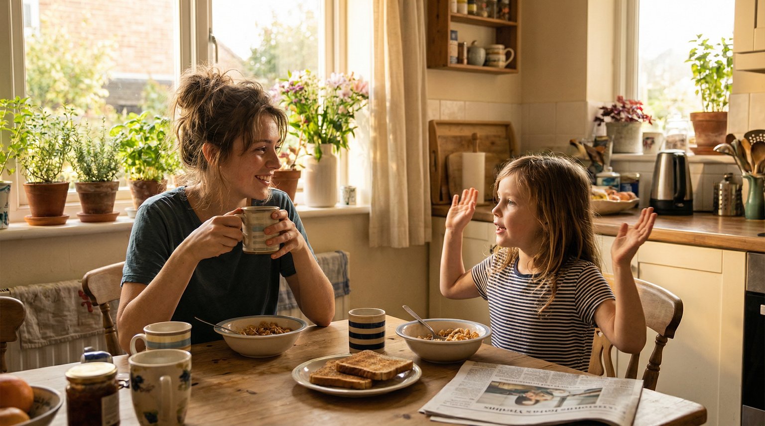 Mother and young daughter sharing an animated conversation at sunny breakfast table with golden morning light