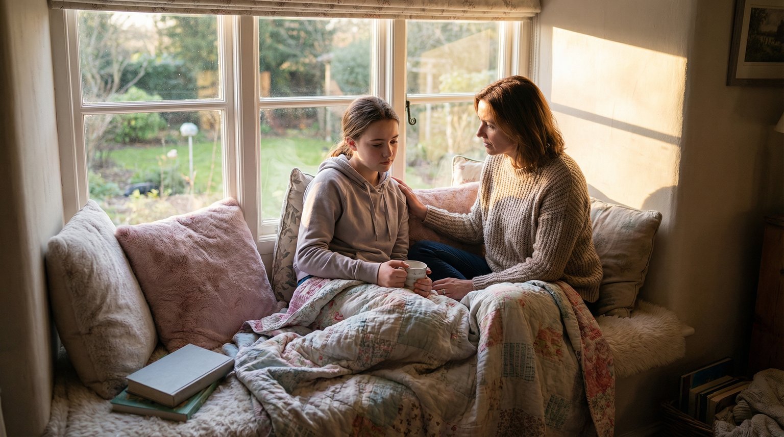 Mother and teenage daughter having genuine heart-to-heart conversation in cozy reading nook