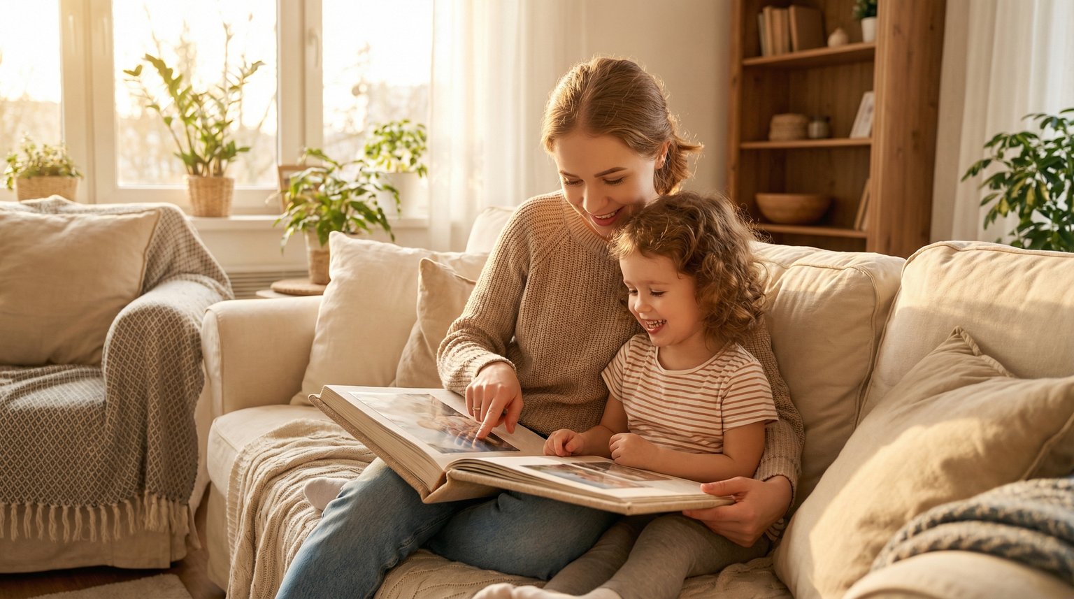 Mother and preschool daughter looking through photo book together on couch, reconnecting with trip memories