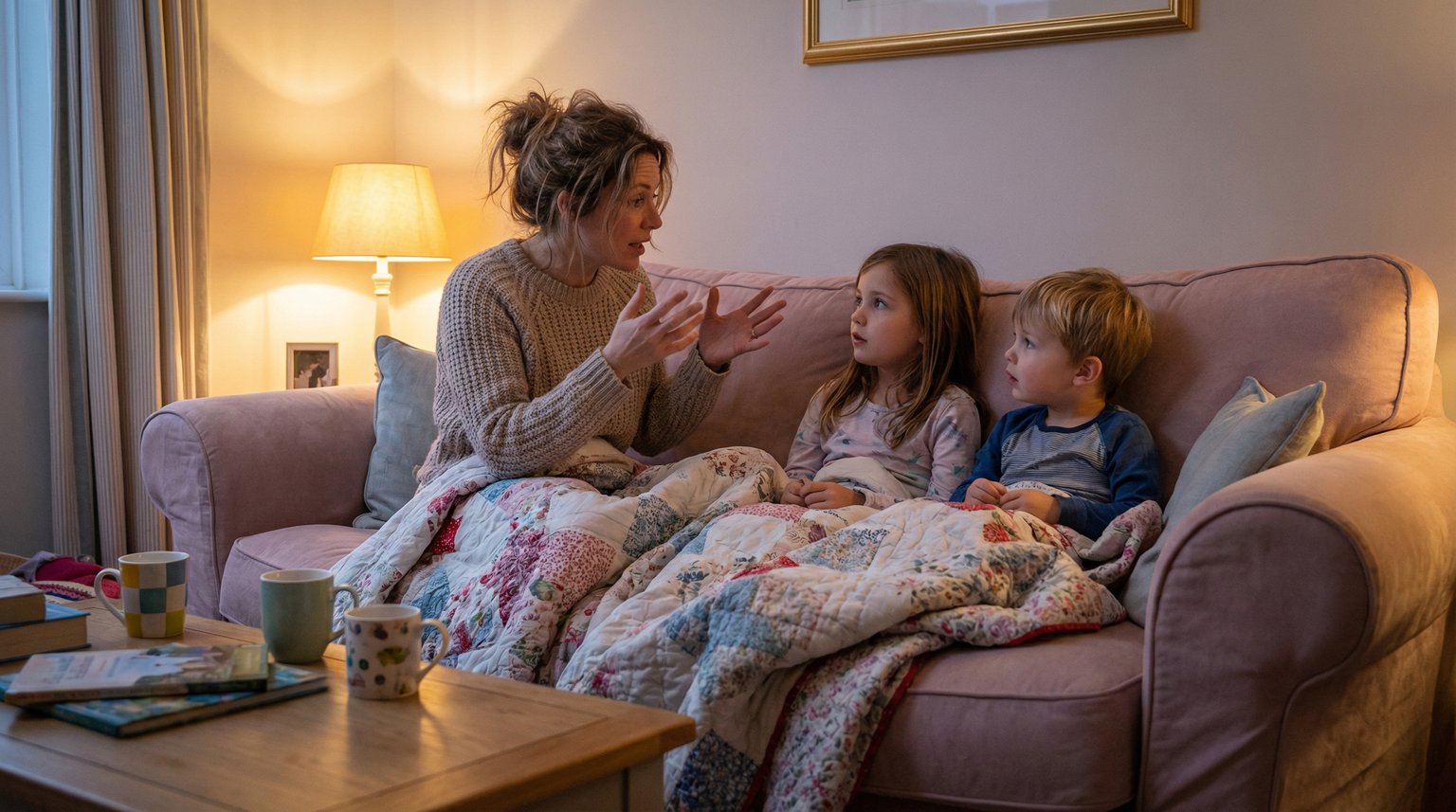 Mother and two children of different ages sitting together having a conversation with mom gesturing while explaining