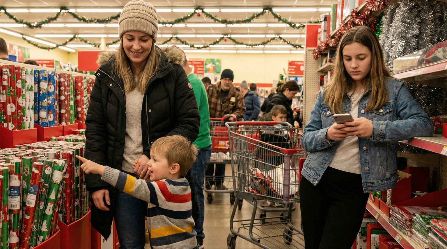 Mother standing in colorful gift wrap aisle with excited preschooler tugging her sleeve while teen daughter checks phone nearby