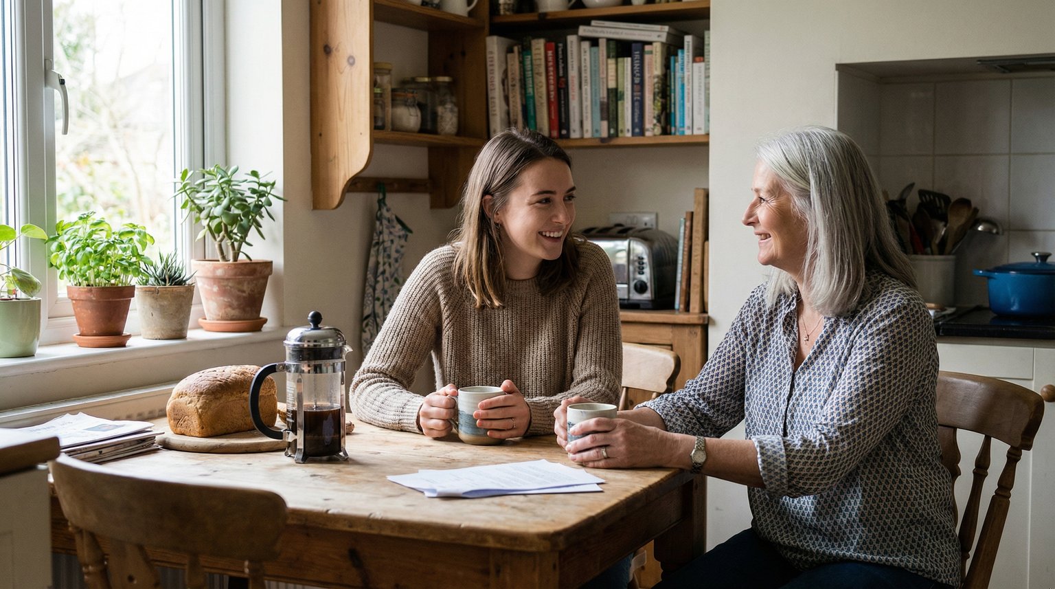 Young mother and grandmother having calm conversation over coffee at kitchen table