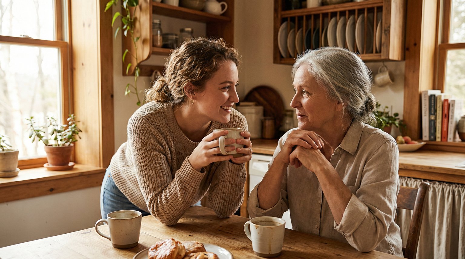 Young mother and her own mother having warm serious conversation over coffee at kitchen table in natural daylight