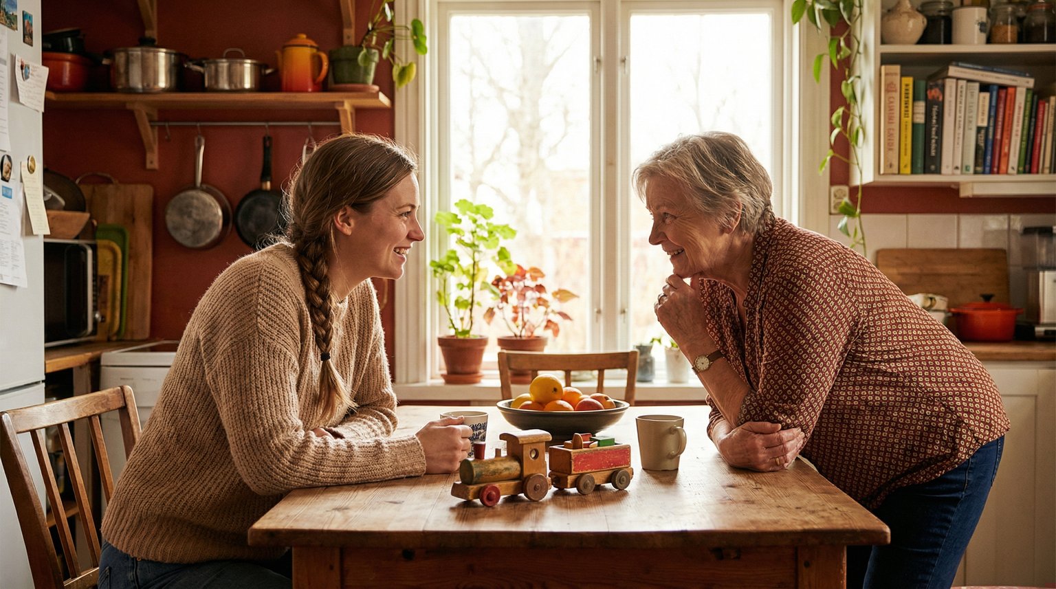 Young mother and grandmother having friendly conversation at kitchen table with wooden toy visible