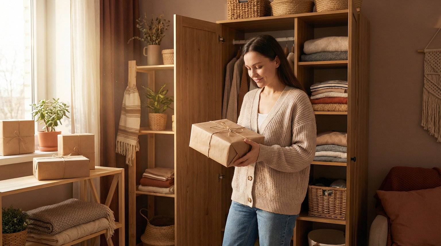Mother in cozy home thoughtfully holding wrapped gift box near organized closet with soft natural lighting