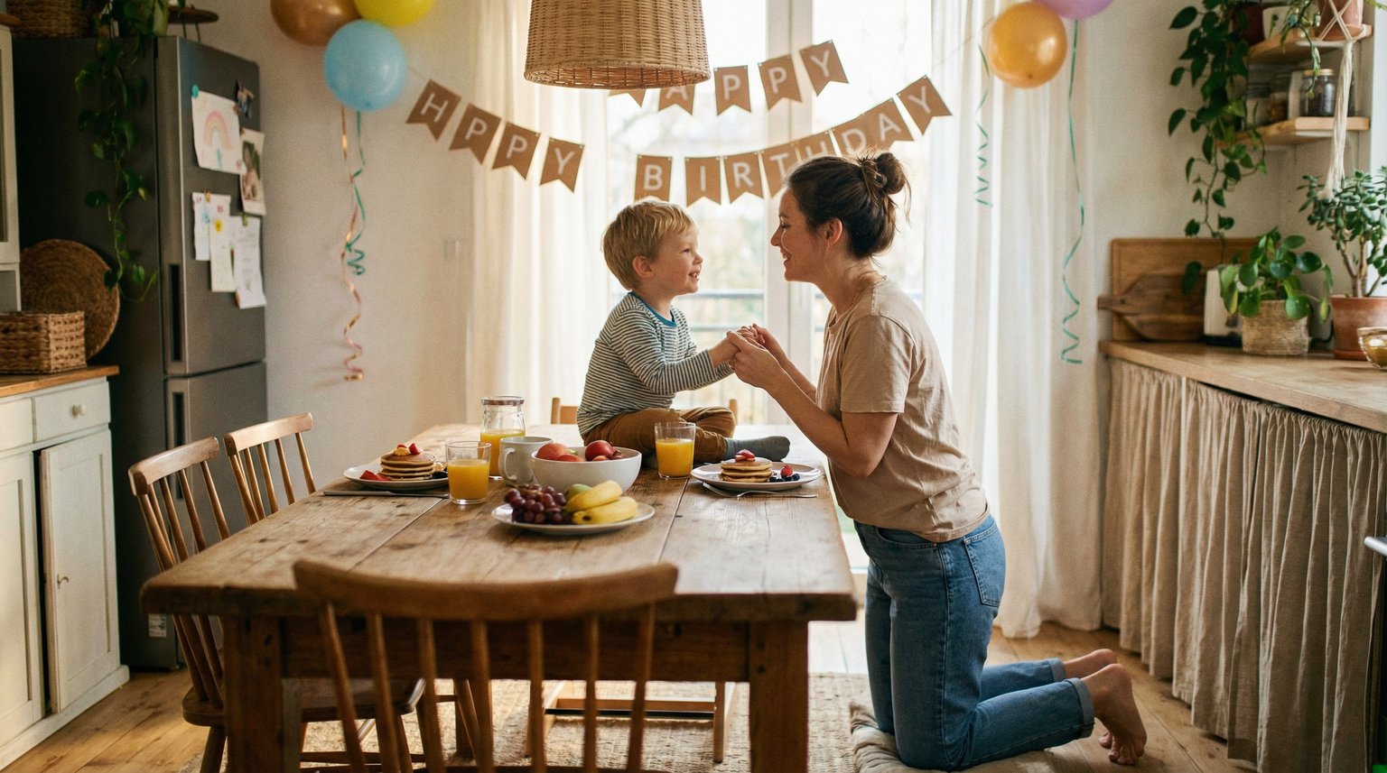 Mother kneeling at eye level with preschool boy at kitchen table having gentle morning conversation with birthday decorations in background