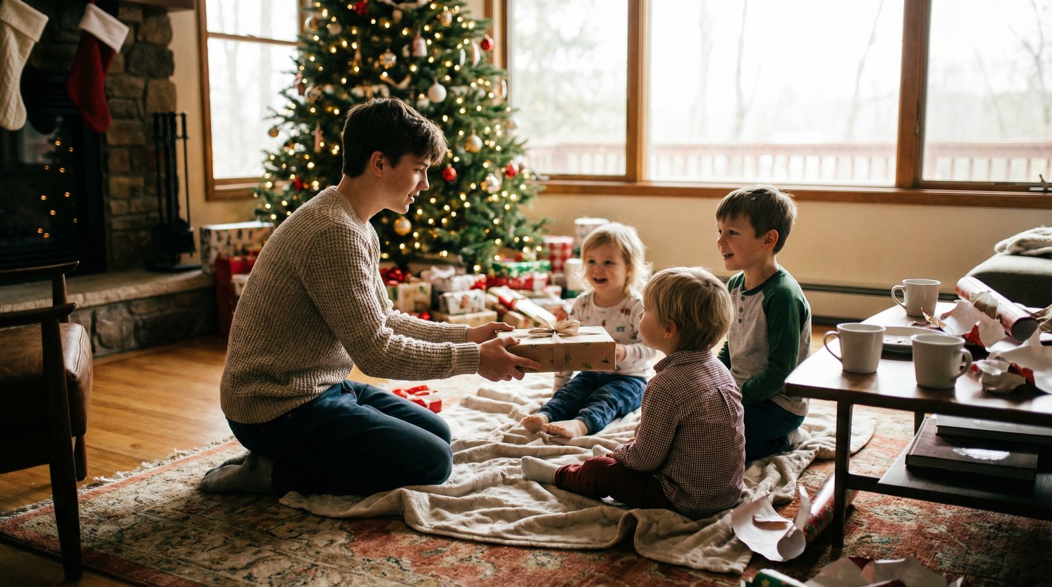 Teenager helping distribute gifts while younger children watch eagerly in circle on Christmas morning