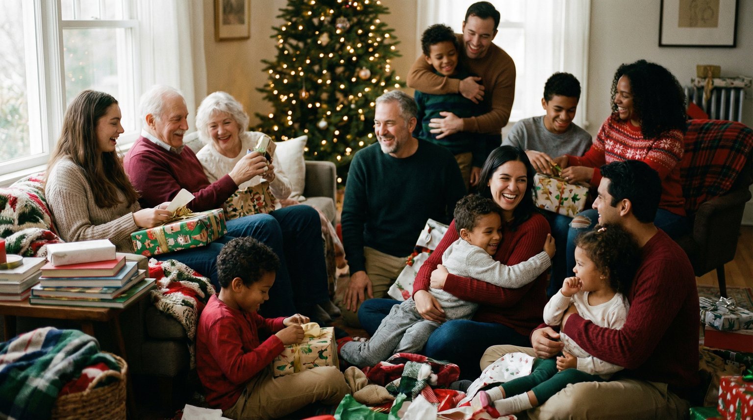 Multigenerational blended family gathered in cozy living room during holidays with different wrapping styles on gifts