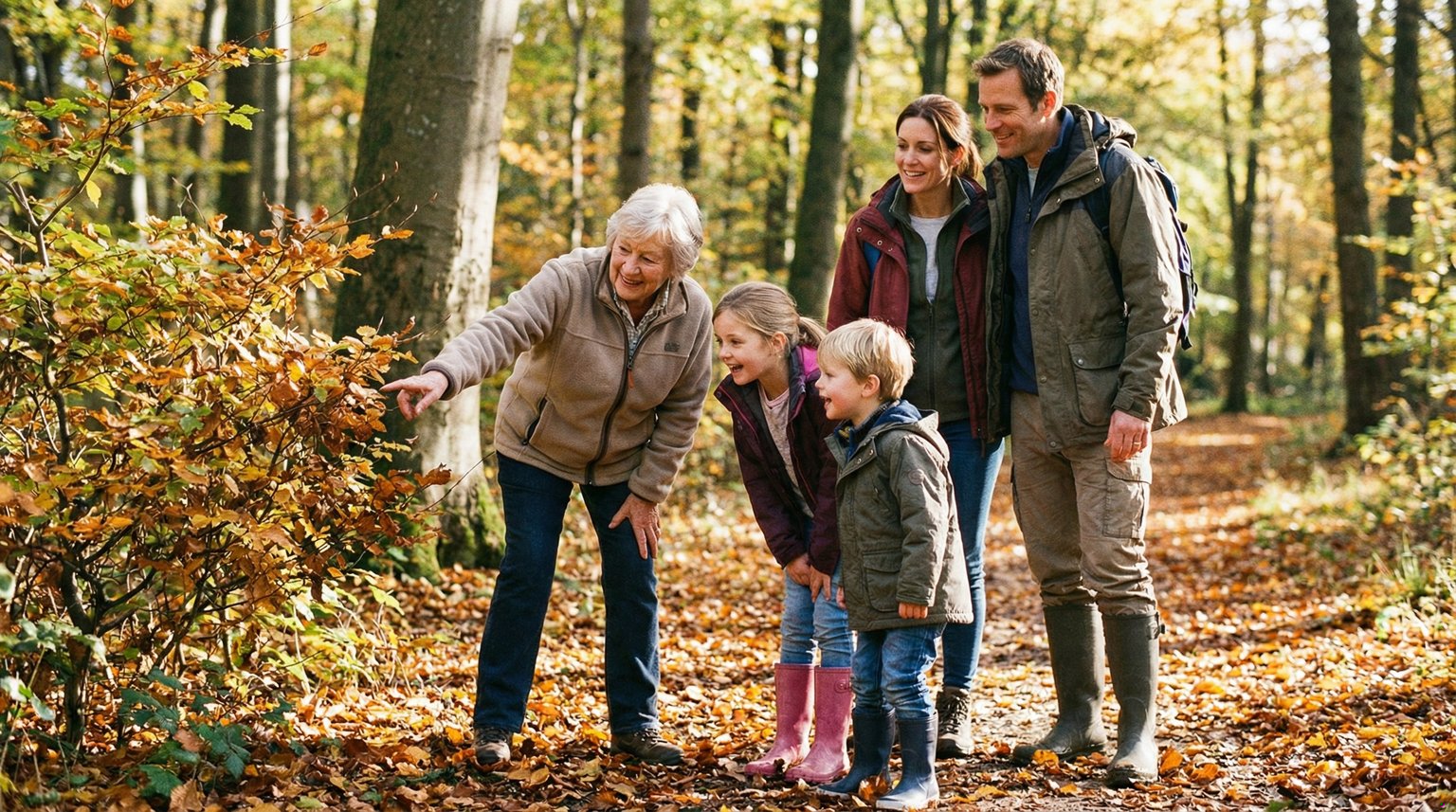 Multi-generational family hiking nature trail with grandmother pointing out discovery to children
