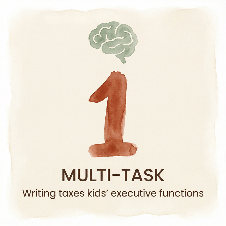Stat showing writing taxes kids executive functions with brain icon