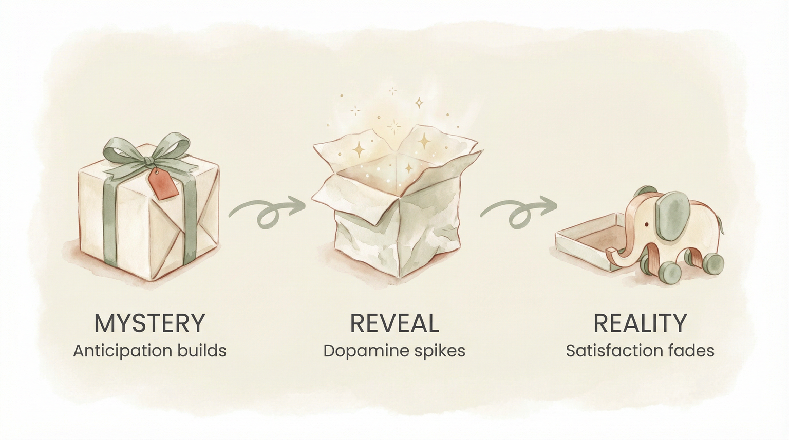 Three-step illustration showing mystery anticipation, dopamine spike at reveal, and fading satisfaction
