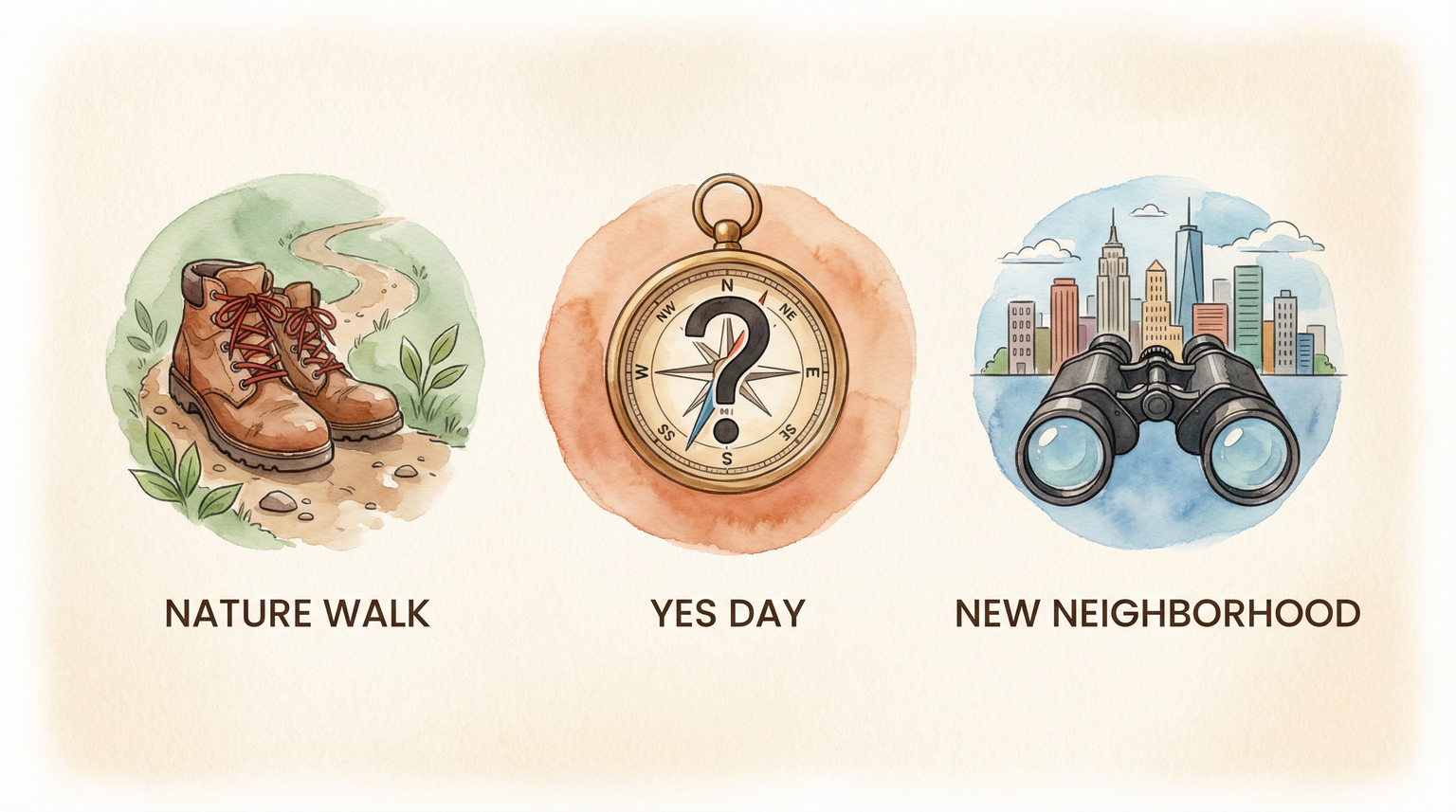 Three adventure date icons showing nature walk, yes day compass, and neighborhood binoculars