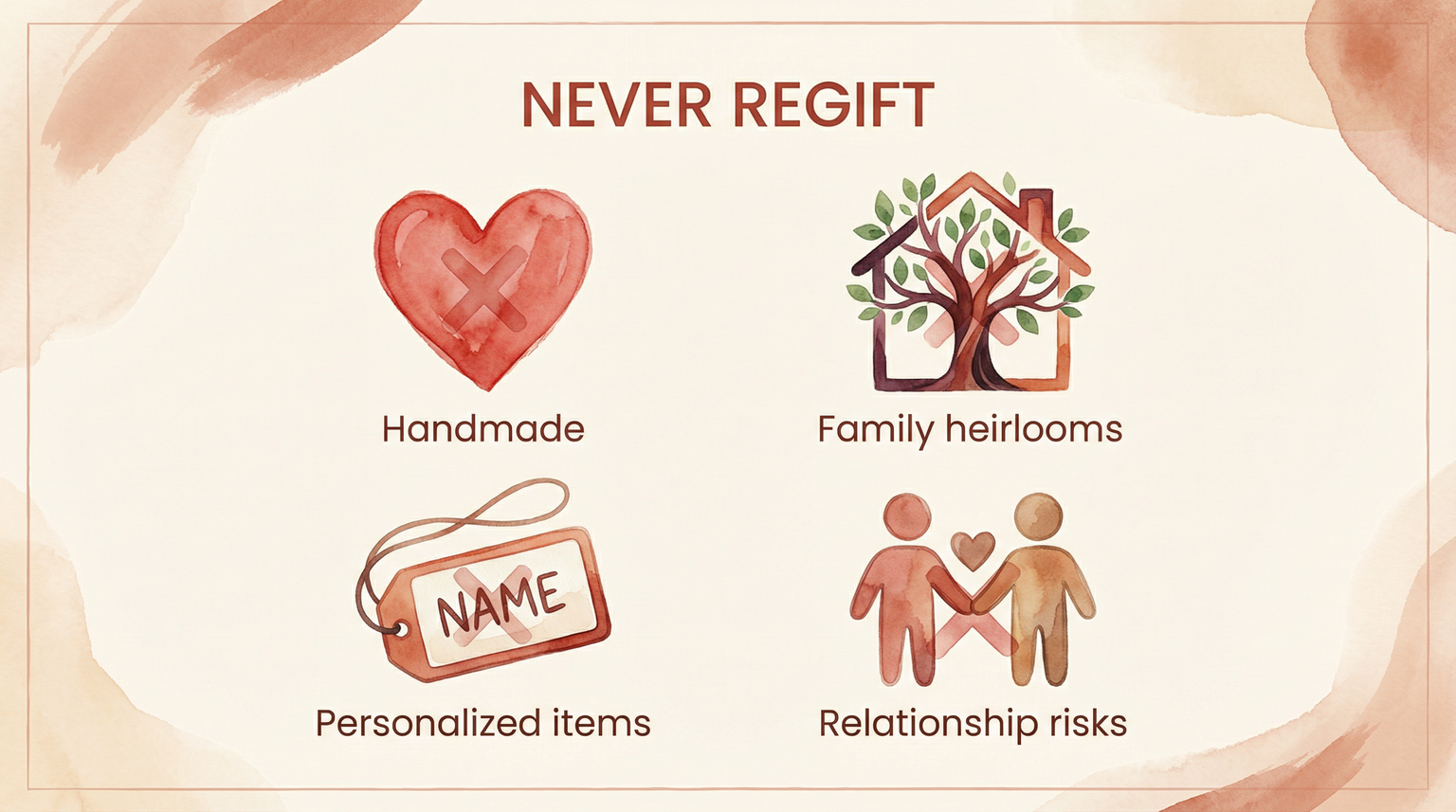 Four categories of items to never regift: handmade gifts, family heirlooms, personalized items, and relationship risks