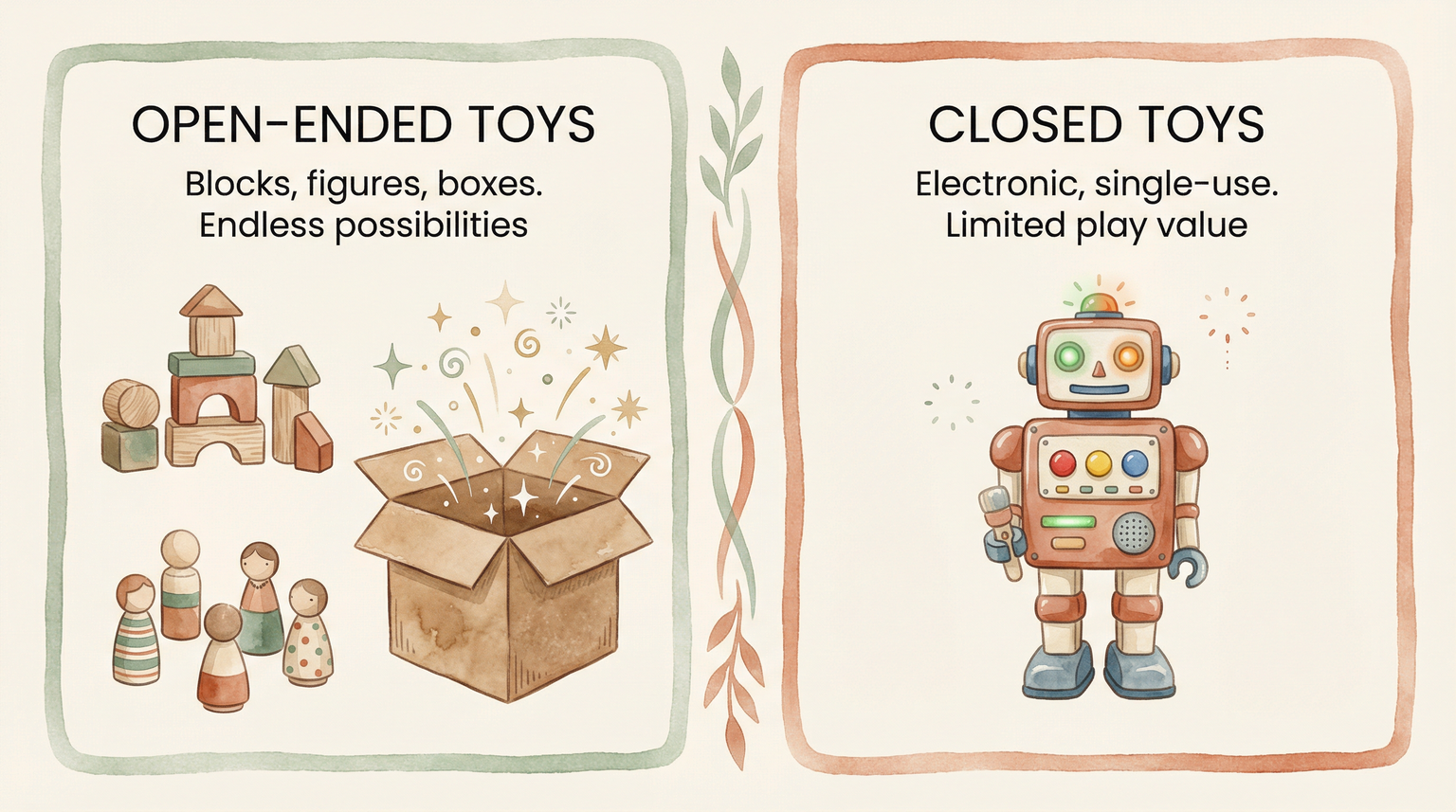 Comparison showing open-ended toys like blocks offer endless possibilities while electronic toys have limited play value