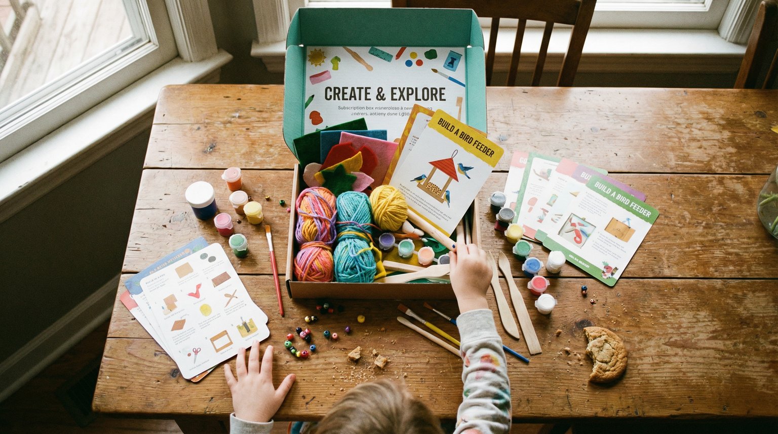 Overhead view of opened kids subscription box with colorful craft supplies on wooden table