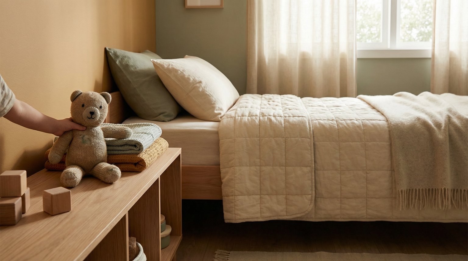 Tidy peaceful children's bedroom with few beloved toys displayed on low shelves