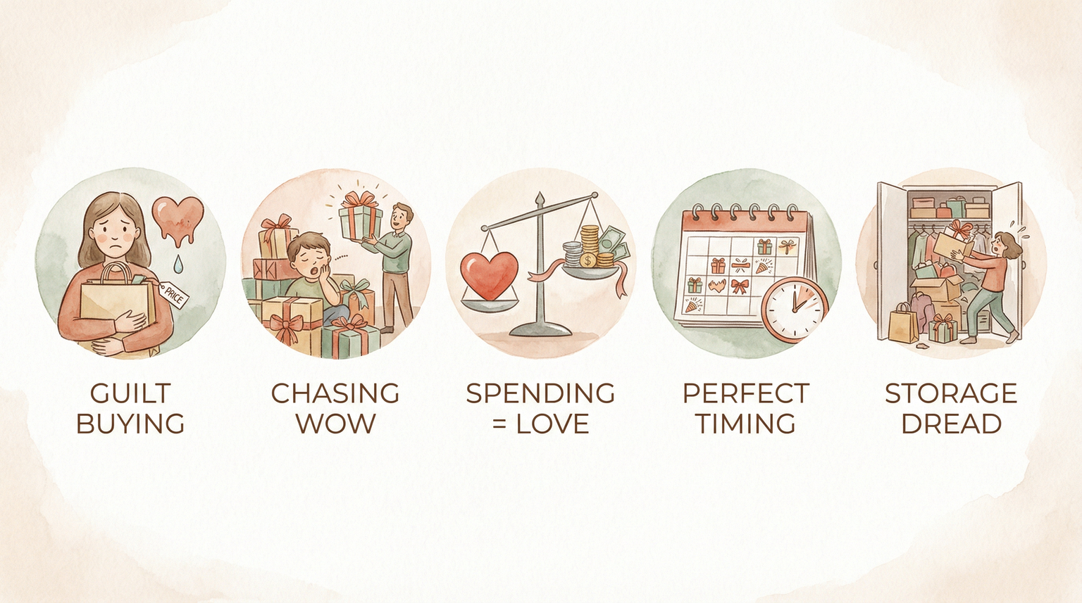 Five icons showing over-gifting warning signs including guilt buying and storage dread